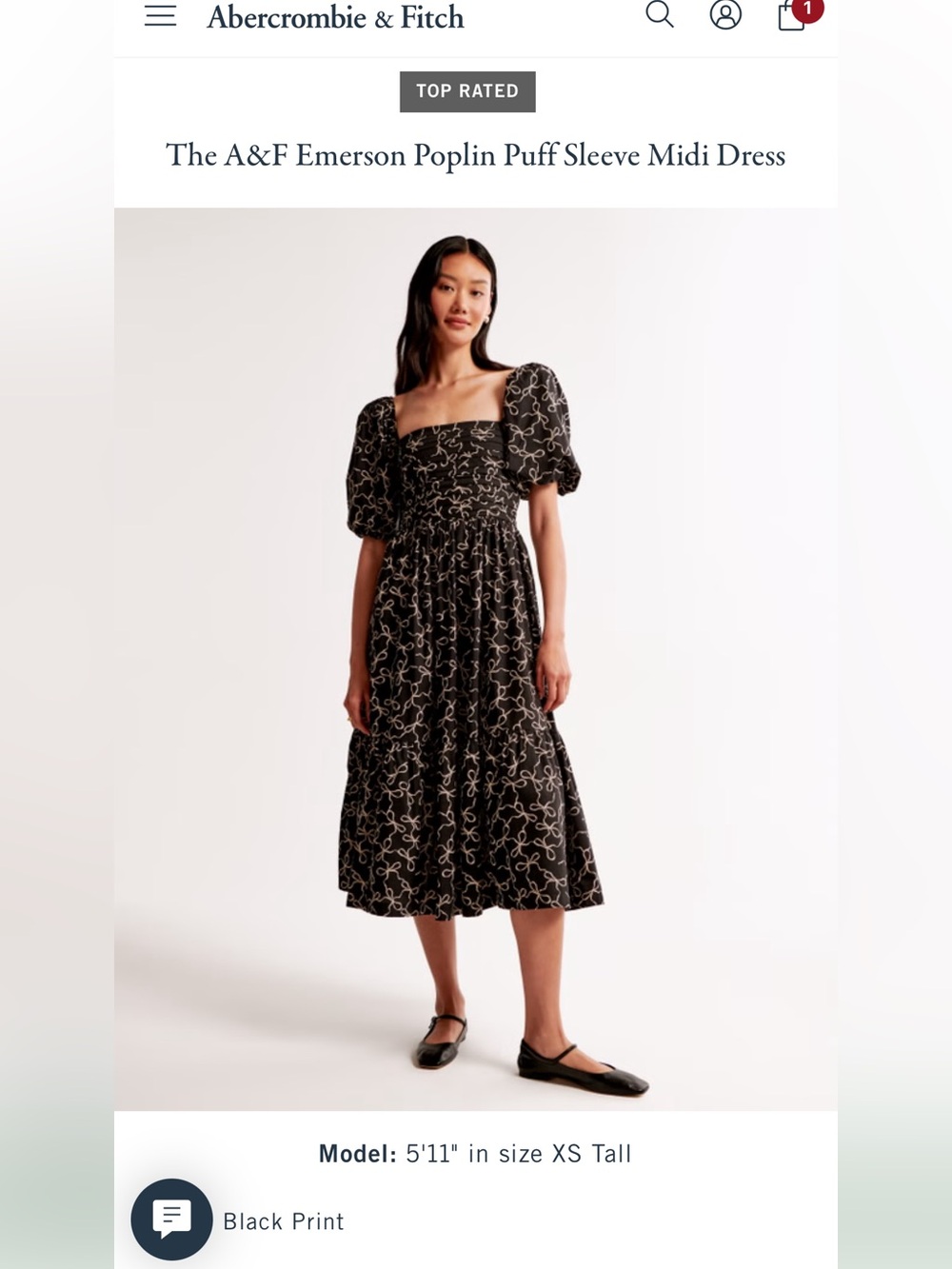 Abercrombie Emerson Poplin Puff-Sleeve Midi Dress Black Bow Print M Tall